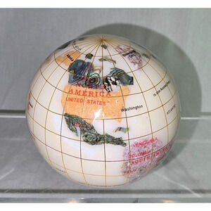 Kalifano World Globe Paperweight White Gold Colorful Gemstone Inlay 3"